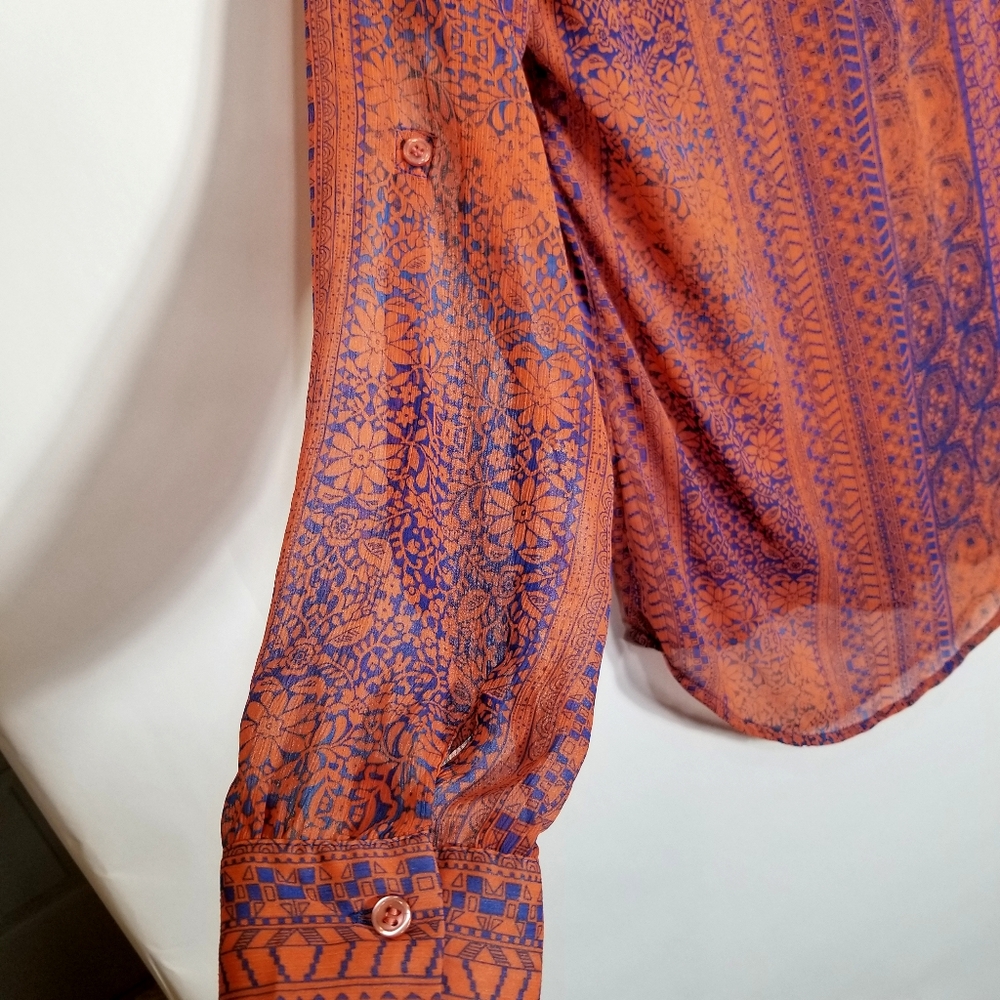 Kut From The Kloth Top Women's Medium Sheer Blue Peach Button Blouse Roll Sleeve - Picture 2 of 8
